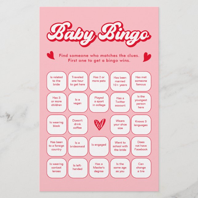 Papier Valentine Baby Shower Find the Guest Bingo Game (Devant)