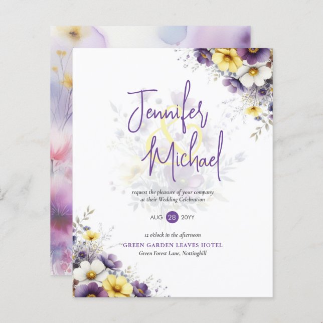 Papier VENTE ! Mariage floral jaune violet (Devant / Derrière)