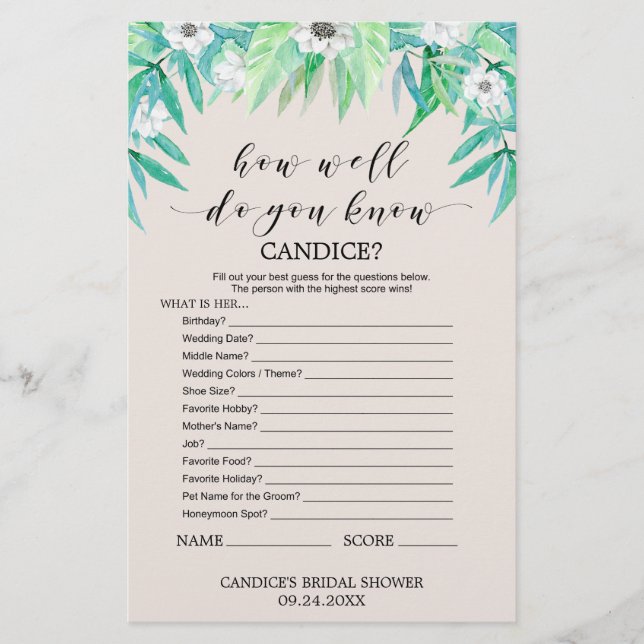 Papier Verdure "Comment Bien Connais-Tu La Mariée" Jeu (Devant)