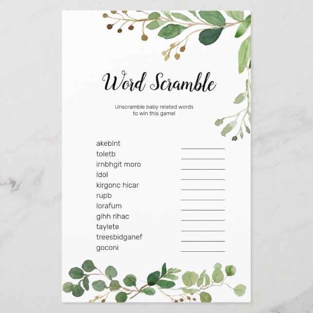 Papier Verdure florale Aquarelle Word Scramble Jeu (Devant)