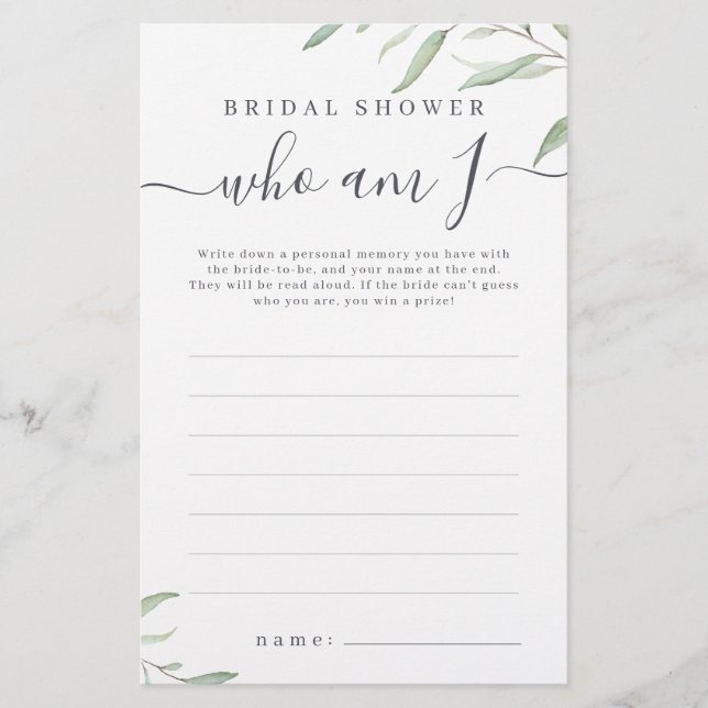 Papier Verdure minimale qui suis je jeu de douche nuptial (Devant)