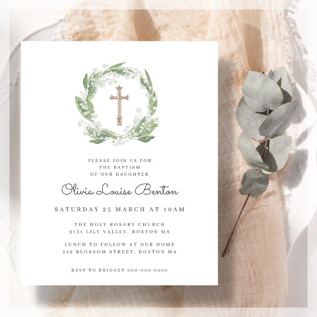Papier Vert Baptême Floral Blanc Budget Invitation (Créateur téléchargé)