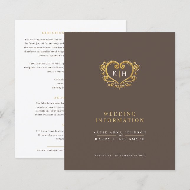 Papier Vieux coeur d'or monogramme mariage informations (Devant / Derrière)