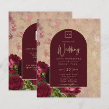 Vintage Botanique Rouge profond Roses Mariage Or T