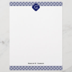 Papier Vintage Marine Bleu Blanc Damas #3 Monogramme Mari