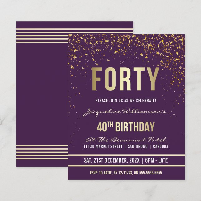 Papier Violet | Budget Gold Confetti 40e anniversaire fêt (Devant / Derrière)