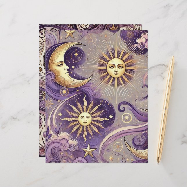 Papier Violet et Or Boho Céleste Soleil et Lune Scrapbook (Devant/Arrière en situation)