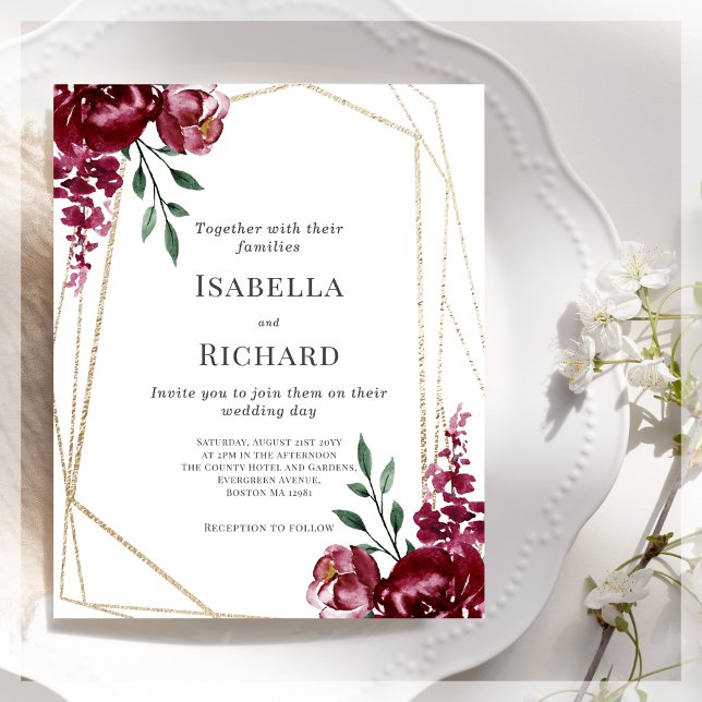 Papier Violet | Marsala Red Floral Faire-part de mariage (Créateur téléchargé)