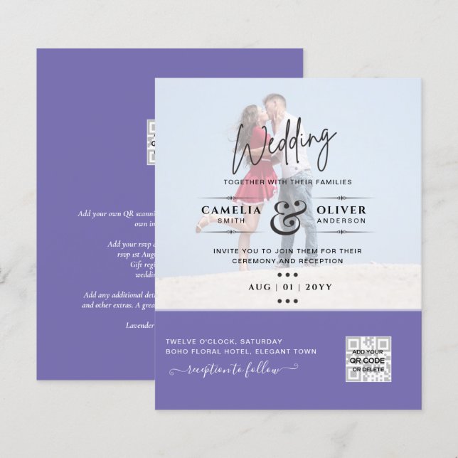 Papier Violet photo Mariage Inviter QR Code Enregistrer D (Devant / Derrière)