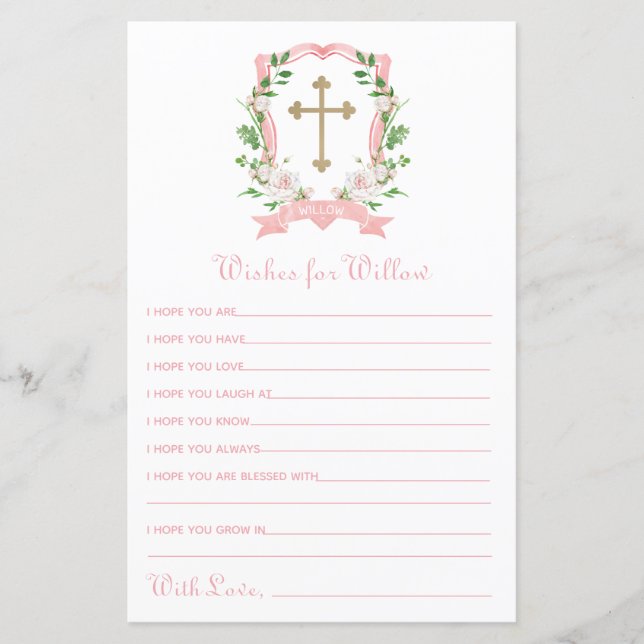 Papier Vœux de baptême floraux rose pour bébé (Devant)
