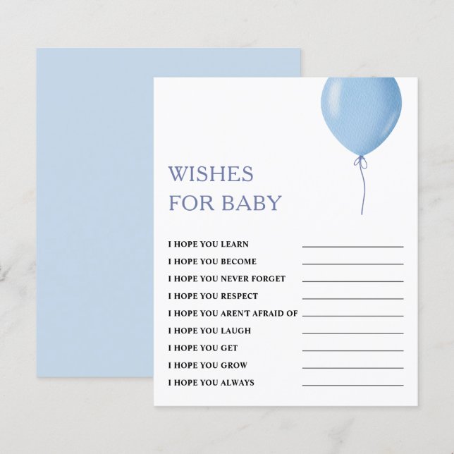 Papier Voeux pour bébé | Blue Balloon Baby shower Jeu (Devant / Derrière)