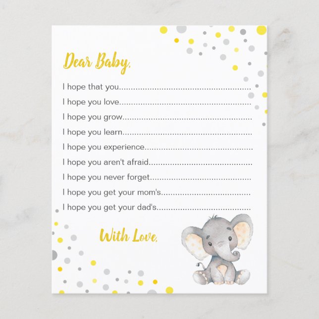Papier Vœux pour bébé éléphant Shower point jaune gris (Devant)