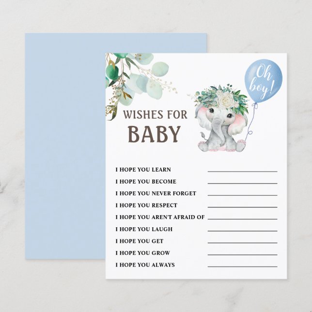 Papier Voeux pour bébé | jeu Baby shower éléphant garçon (Devant / Derrière)