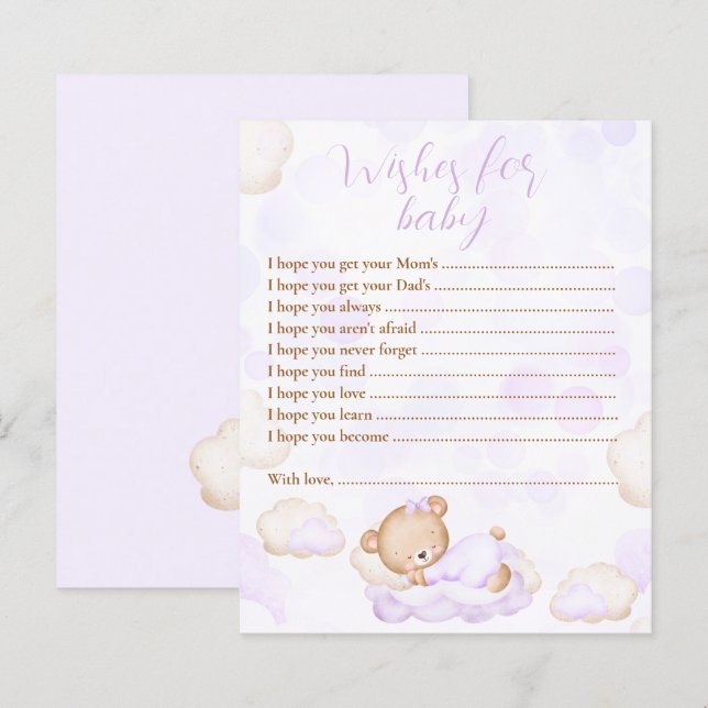 Papier Vœux pour jeu de baby shower ours en peluche viole (Devant / Derrière)