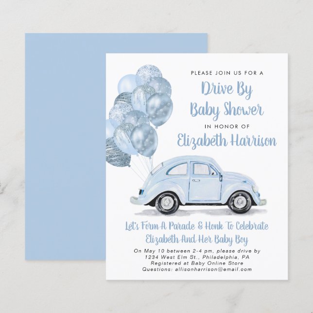 Papier Voiture Bleue Budget Par Baby shower Invitation (Devant / Derrière)