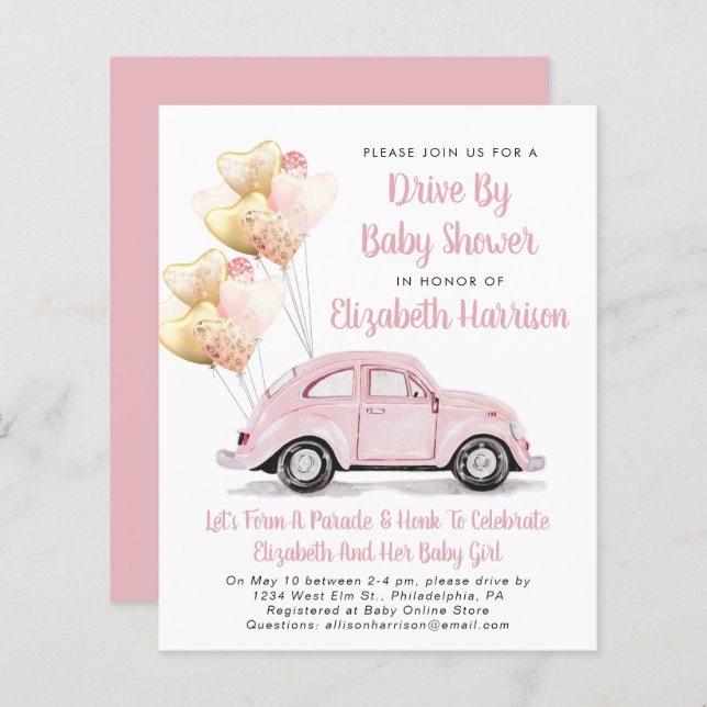 Papier Voiture rose Budget Par Baby shower Invitation (Devant / Derrière)
