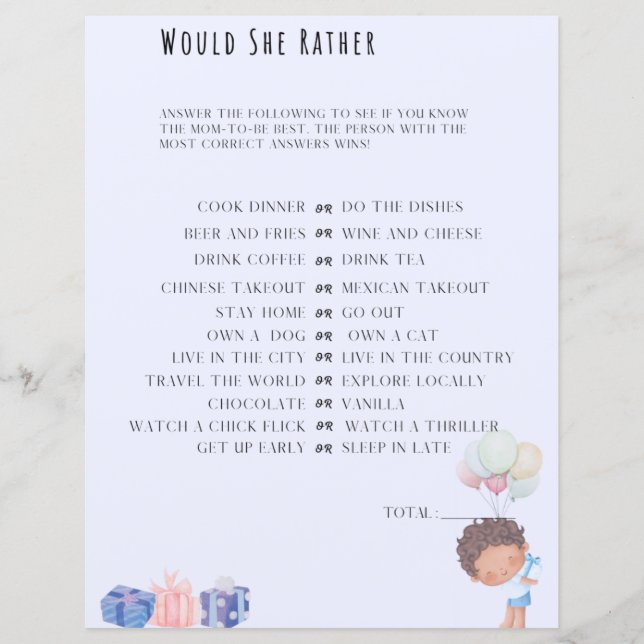 Papier Voudrait-Elle Plutôt Baby shower Jeu (Devant)