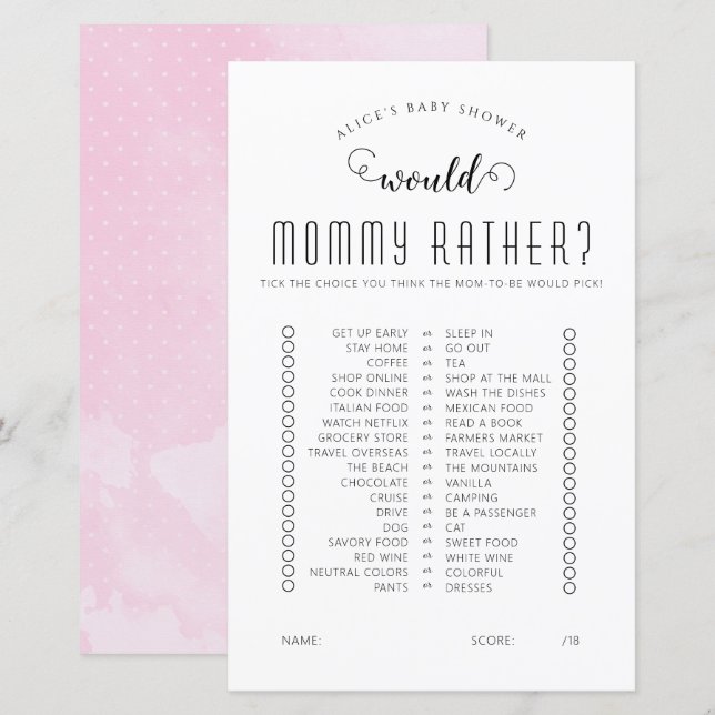 Papier Voudrait-Elle Plutôt Baby shower Jeu (Devant / Derrière)