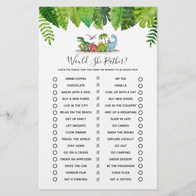 Papier Voudrait-Elle Plutôt Dinosaur Baby shower Jeu (Devant)