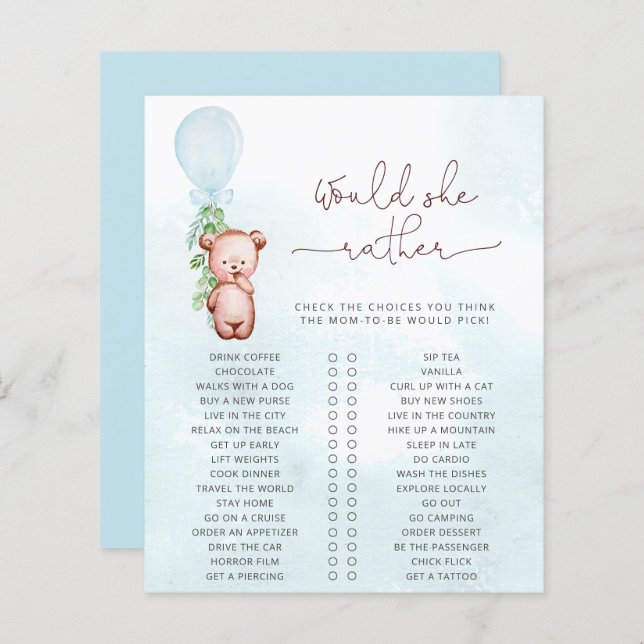 Papier Voudrait Maman Plutôt Jeu Baby shower Teddy Bear (Devant / Derrière)