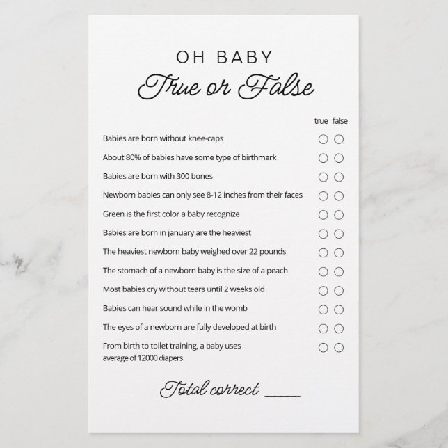 Papier Vrai ou faux Jeu Bébé Trivia jeu avec réponses (Devant)