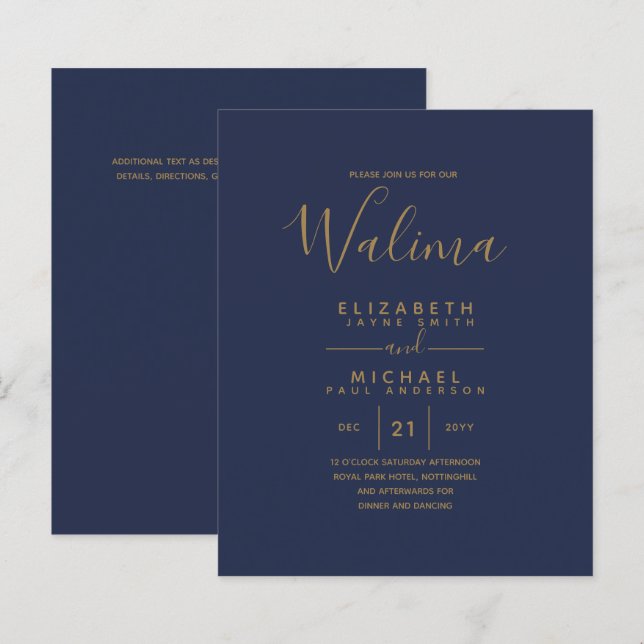 Papier WALIMA Budget Marine Blue Gold Mariage bilingue (Devant / Derrière)