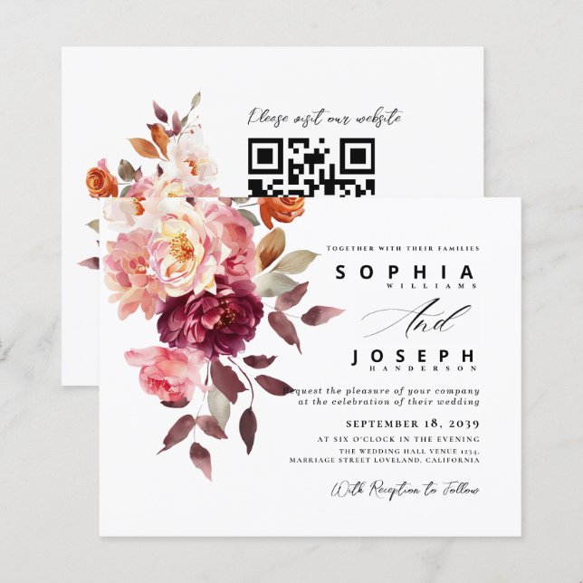 Papier watercolor Burgundy Bouquet Floral Wedding (Devant / Derrière)