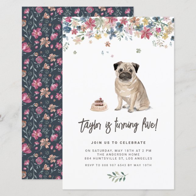 Papier Watercolor Carlin Chien Anniversaire Fête Invitati (Devant / Derrière)