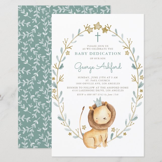 Papier Watercolor Lion Prince Baby Dedication Invitation (Devant / Derrière)