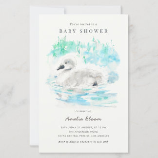 Papier Watercolor Little Swan Baby Shower Invitation