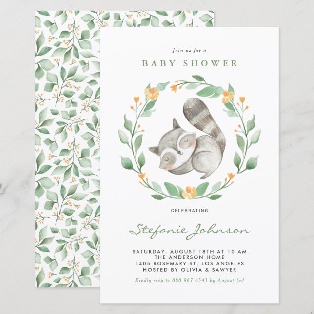 Papier Watercolor Raccoon Baby shower vert Invitation (Devant / Derrière)
