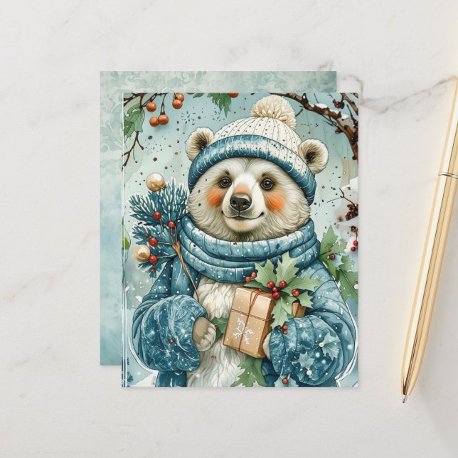 Papier Watercolor Winter Polar Bear Scrapbook Paper (Devant/Arrière en situation)