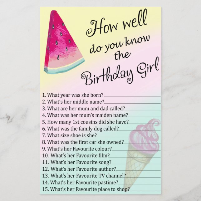 Papier Watermelon Comme tu connais bien la fille d'annive (Devant)