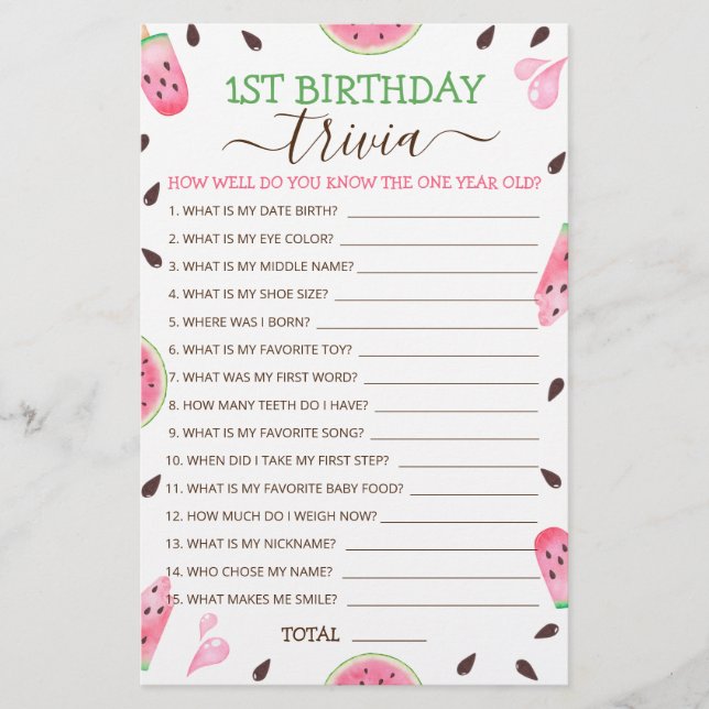 Papier Watermelon One In A Melon 1er Anniversaire Trivia  (Devant)