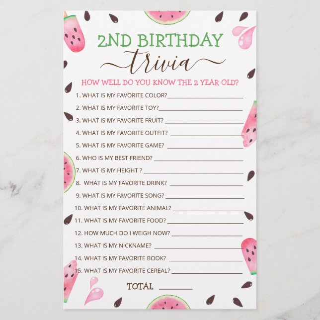Papier Watermelon One In A Melon 2e Anniversaire Trivia G (Devant)