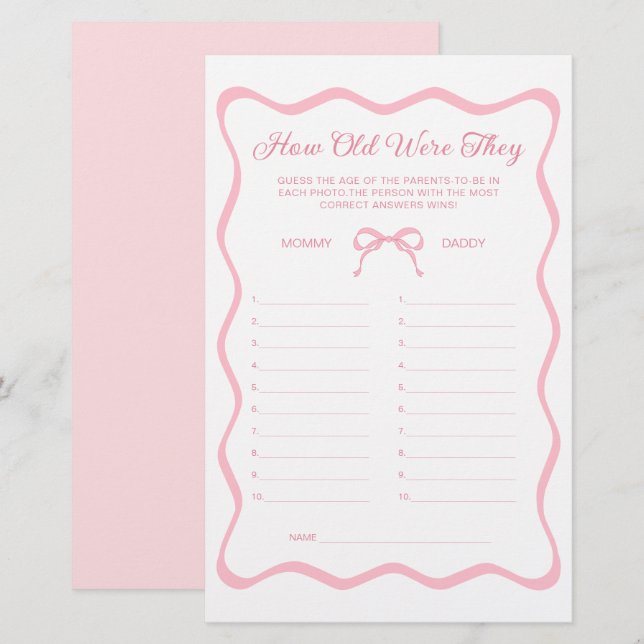 Papier Wavy Pink Bow Baby shower Devine Le Jeu De L'Âge (Devant / Derrière)