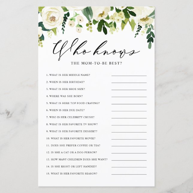 Papier White Winter Flowers Who Knows the Mom Best Game (Devant)