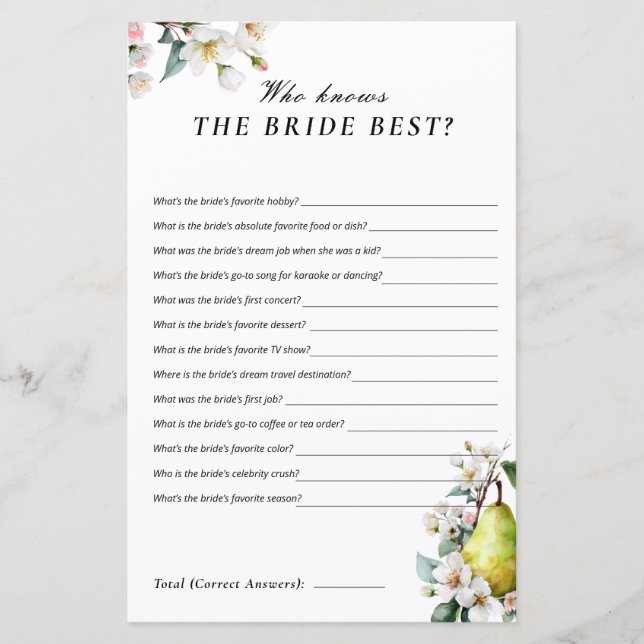 Papier Who Knows Bride Perfect Pear Bridal Shower Game (Devant)