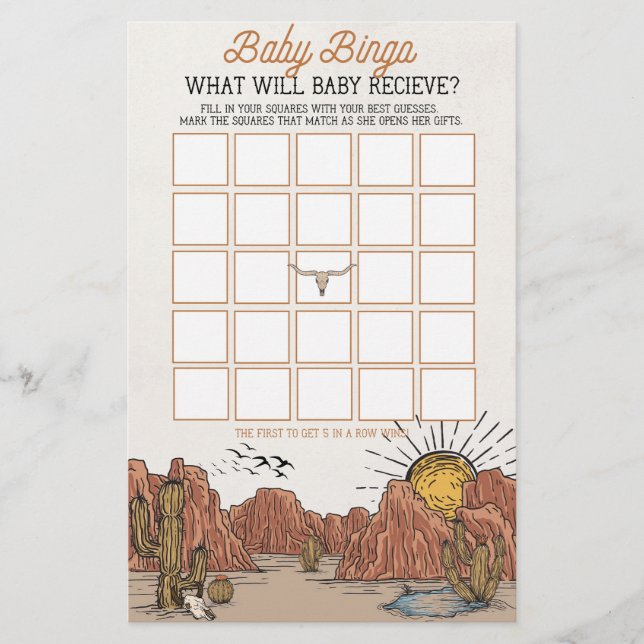Papier Wild West Rodeo baby bingo jeu de baby shower (Devant)