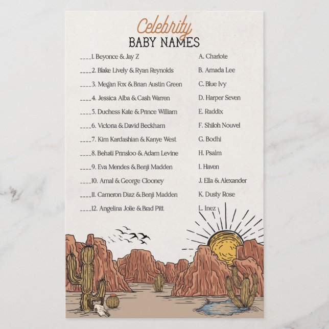 Papier Wild West Rodeo célébrité bébé noms jeu de douche (Devant)