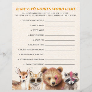 Papier Wild Woodland Baby showers Catégories Word Jeu