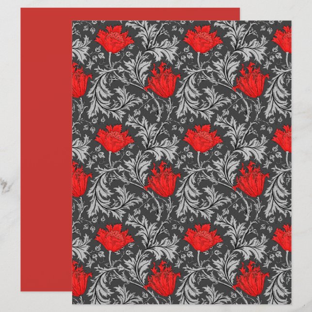 Papier William Morris Anemone, gris / gris et rouge (Devant / Derrière)