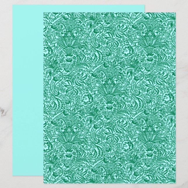 Papier William Morris Indian, Turquoise et Light Aqua (Devant / Derrière)