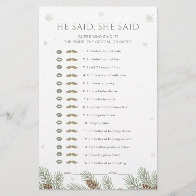 Papier Winter Baby Shower He Said She Said Game (Devant)