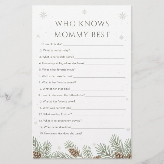 Papier Winter Baby Shower Who Knows Mommy Best Game (Devant)