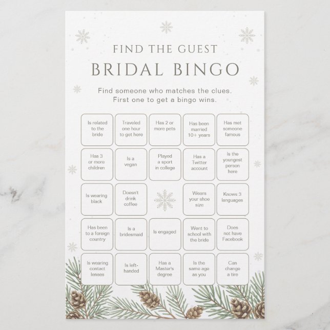 Papier Winter Bridal Shower Bingo Game Find the Guest (Devant)