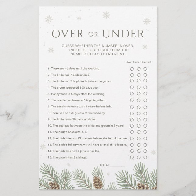 Papier Winter Bridal Shower Over or Under Game (Devant)