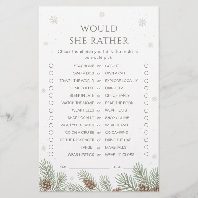 Papier Winter Bridal Shower Would She Rather Game (Devant)