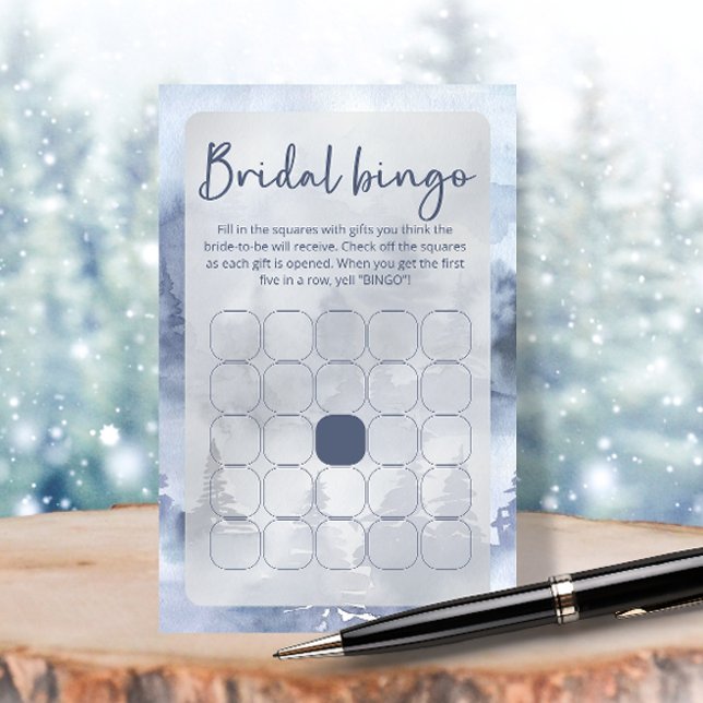 Papier Winter Forest Blue Fête des mariées jeu de bingo (Créateur téléchargé)