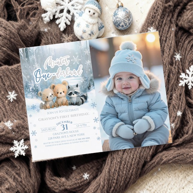 Papier Winter Onederland Blue First Bday Photo Invitation (Créateur téléchargé)